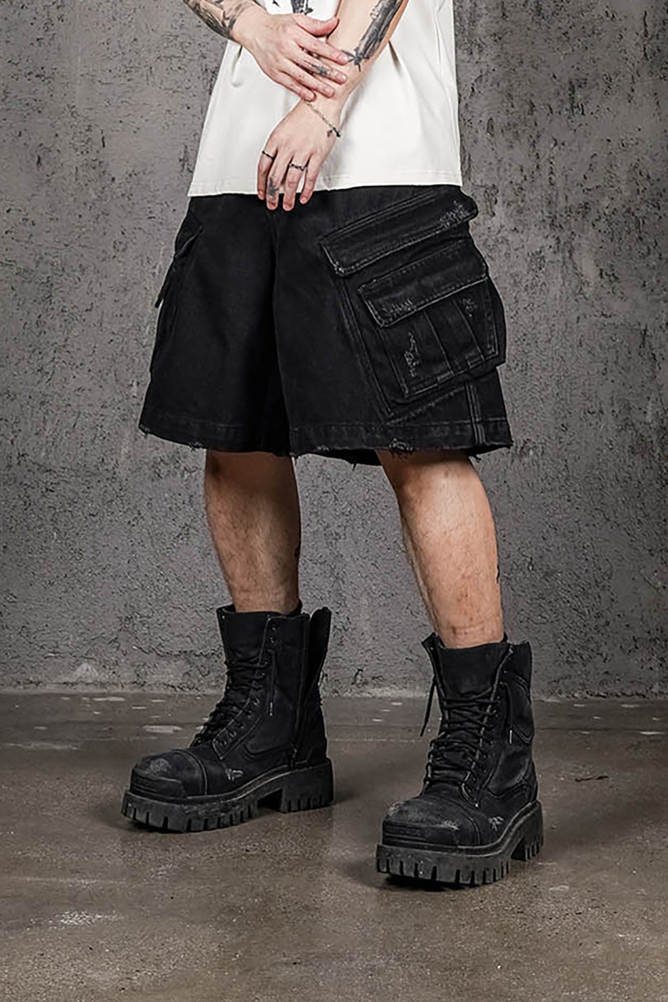UNDERWATER Layered-Pocket Distressed Denim Shorts