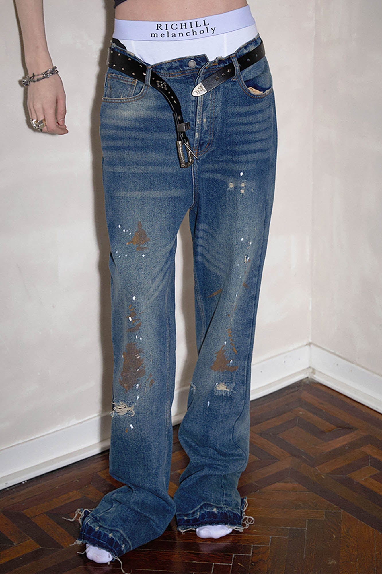 RICHILL Rust-Stained Distressed Flared Jeans