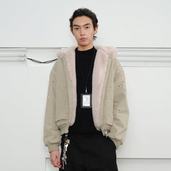 KREATE Rivet Zipper Paint-splattered Fleece-Lined Hooded Jacket