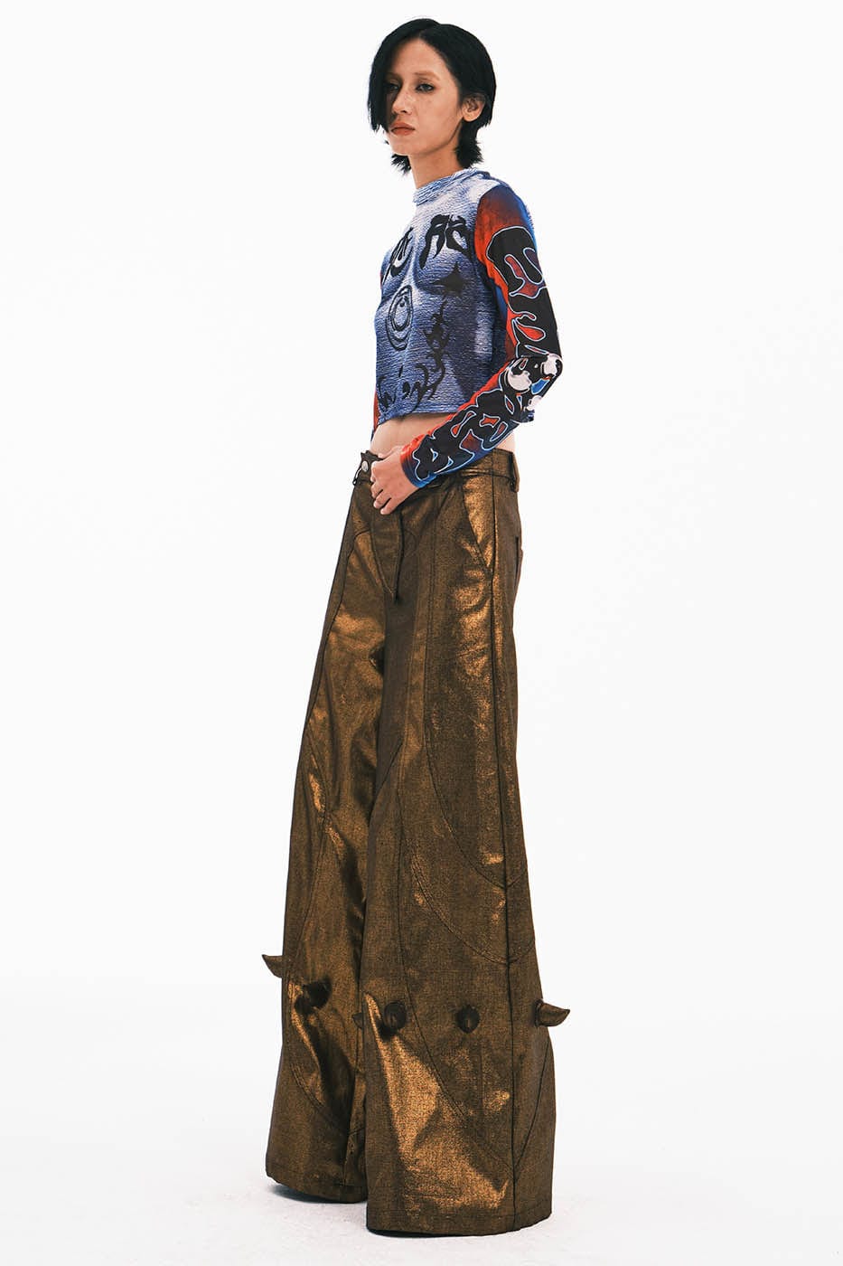 EMBRYO Metallic Devil Horned Wide-Leg Pants