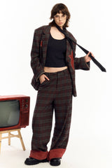 OIPWORD Retro Birds Patchwork Plaid Blazer