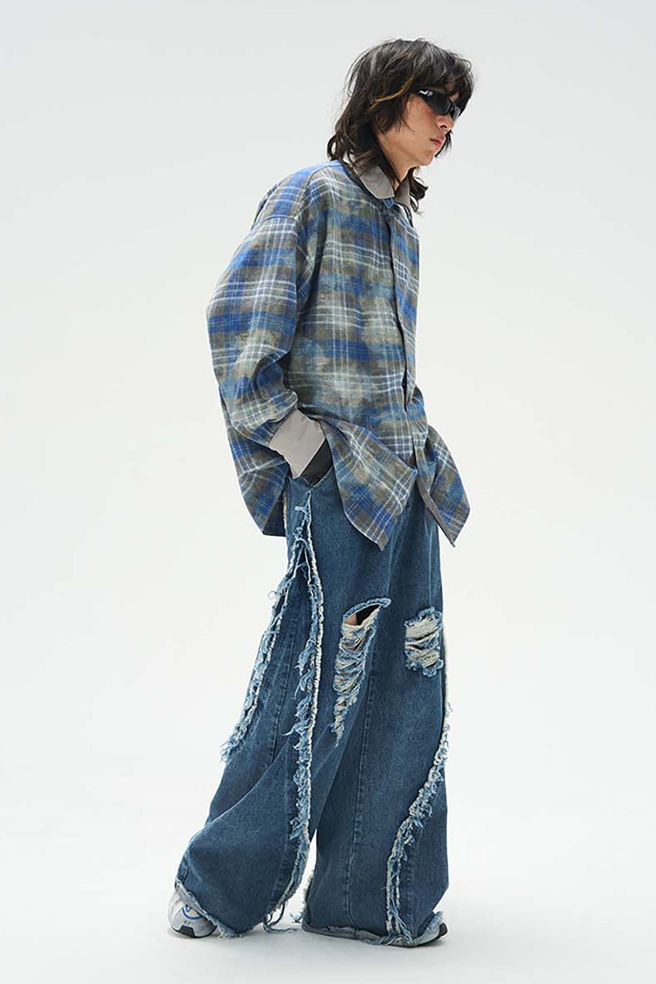 RELABEL Washed Plaid Tie-Dye Contrast-Collar Shirt