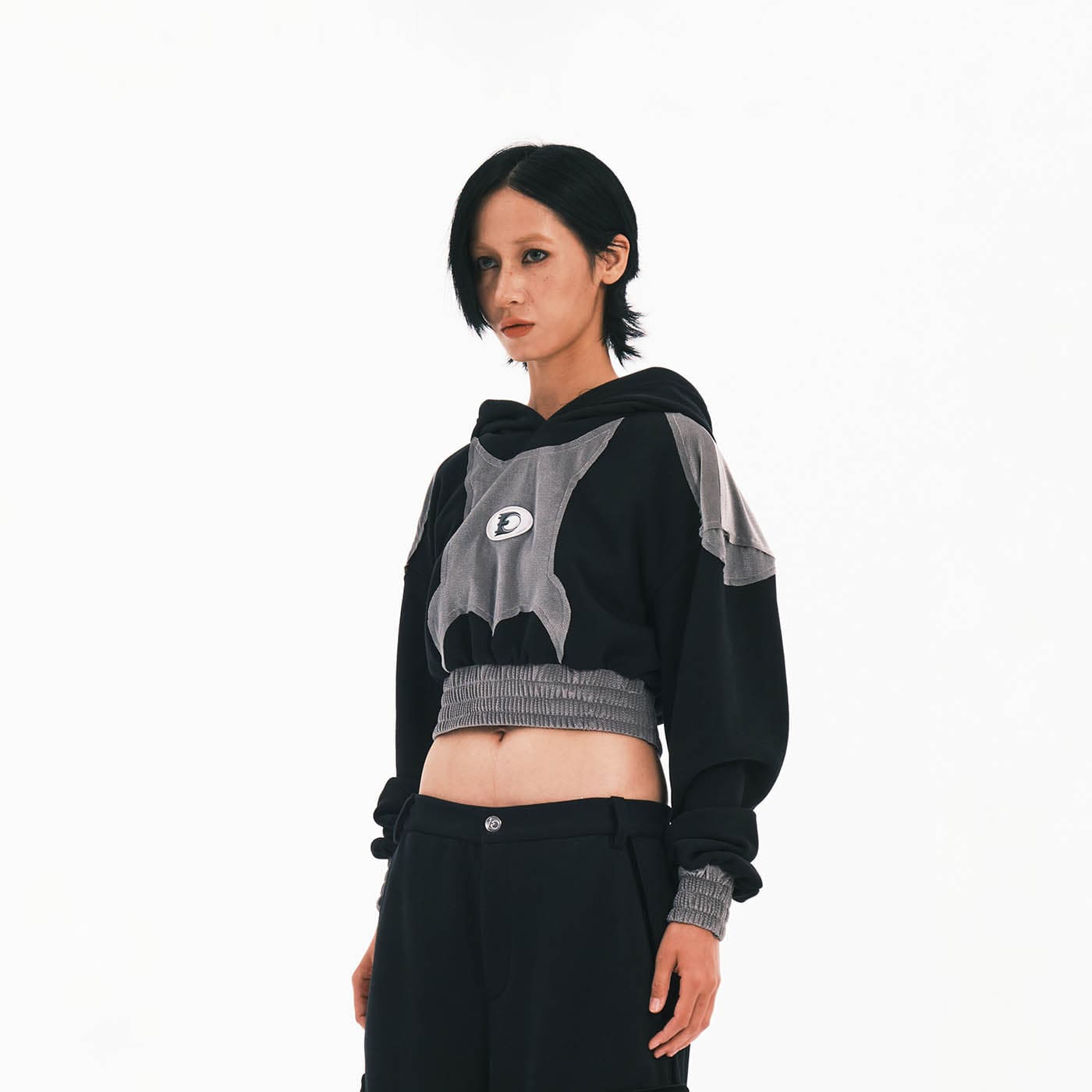 EMBRYO Bat Patchwork Cropped Hoodie
