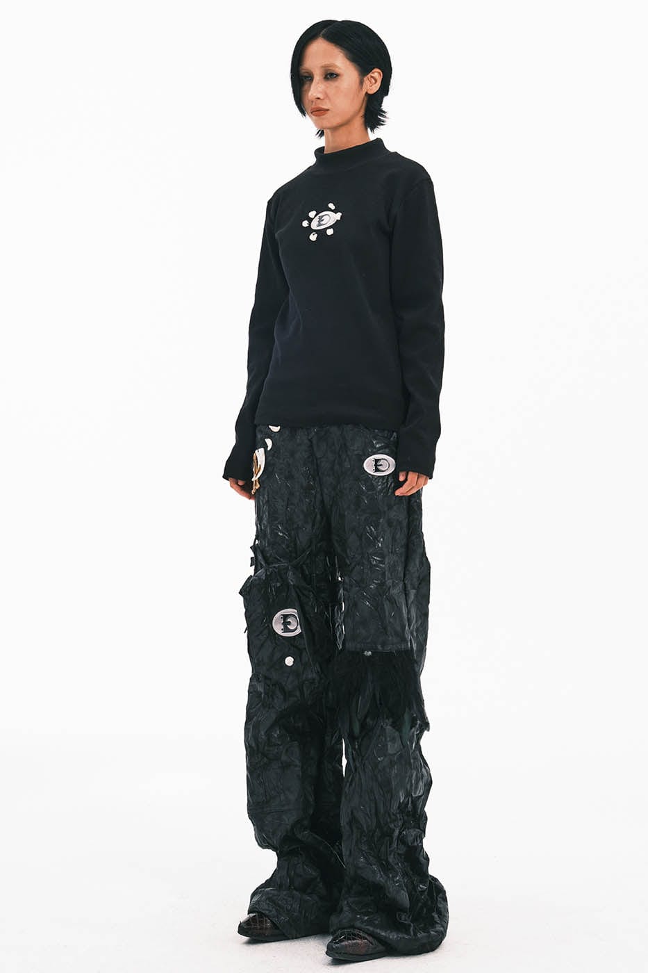 EMBRYO Deconstructed Faux Leather Bone Wrinkled Wide-Leg Pants