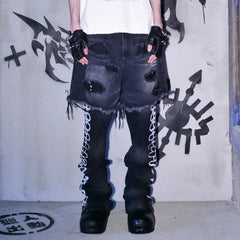 PHANTOMHUNTER Layered Ripped Spray-Painted Flared Jeans