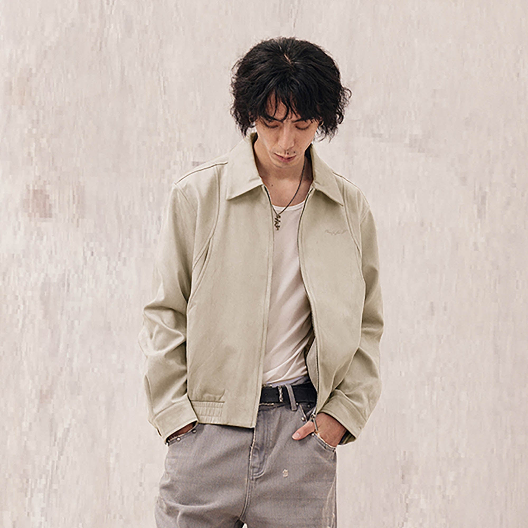IN EXISTENCE Curved Spliced Smooth Harrington Jacket