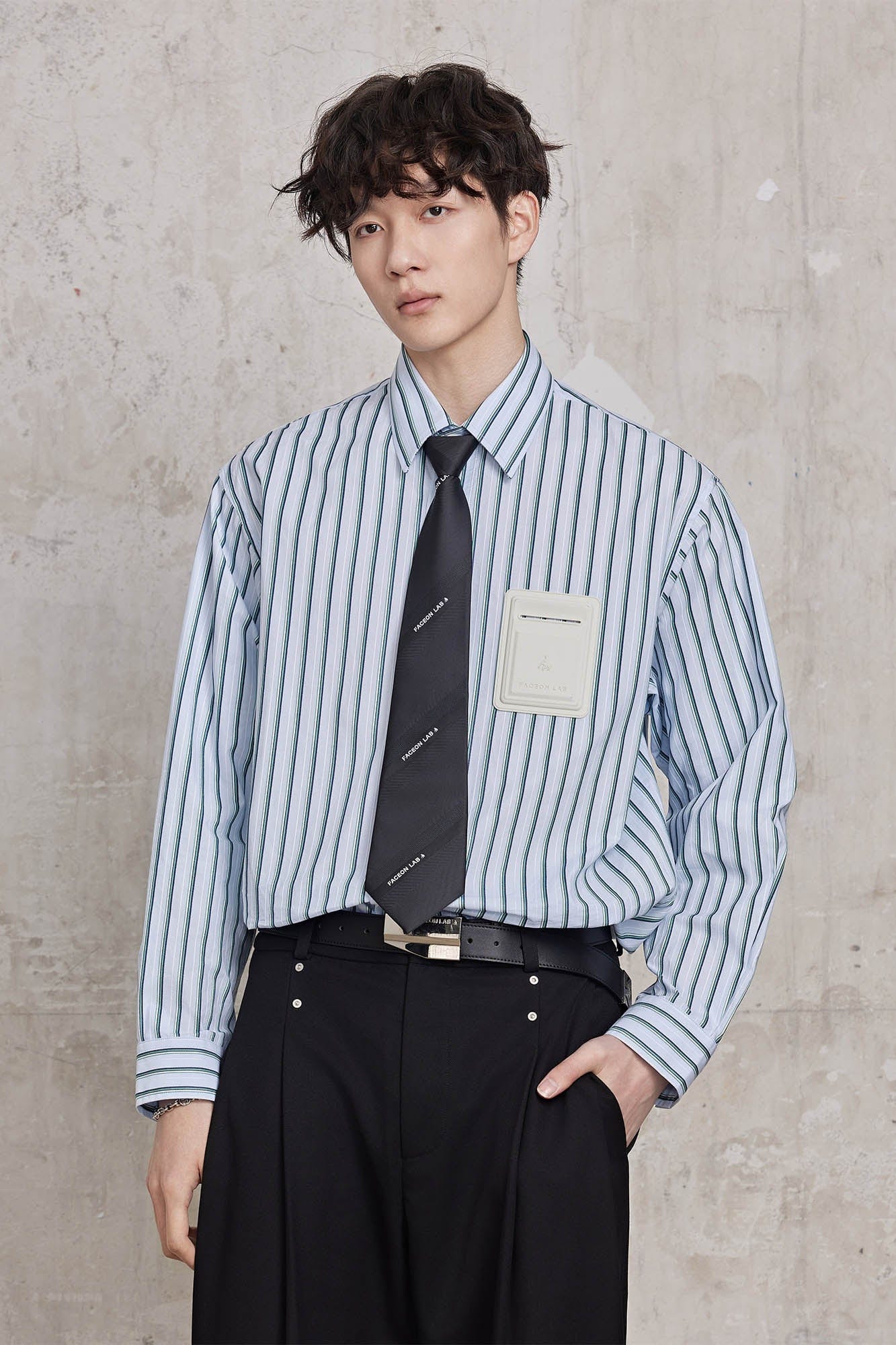 FACEONLAB Striped Patch-Pocket Poplin Shirt