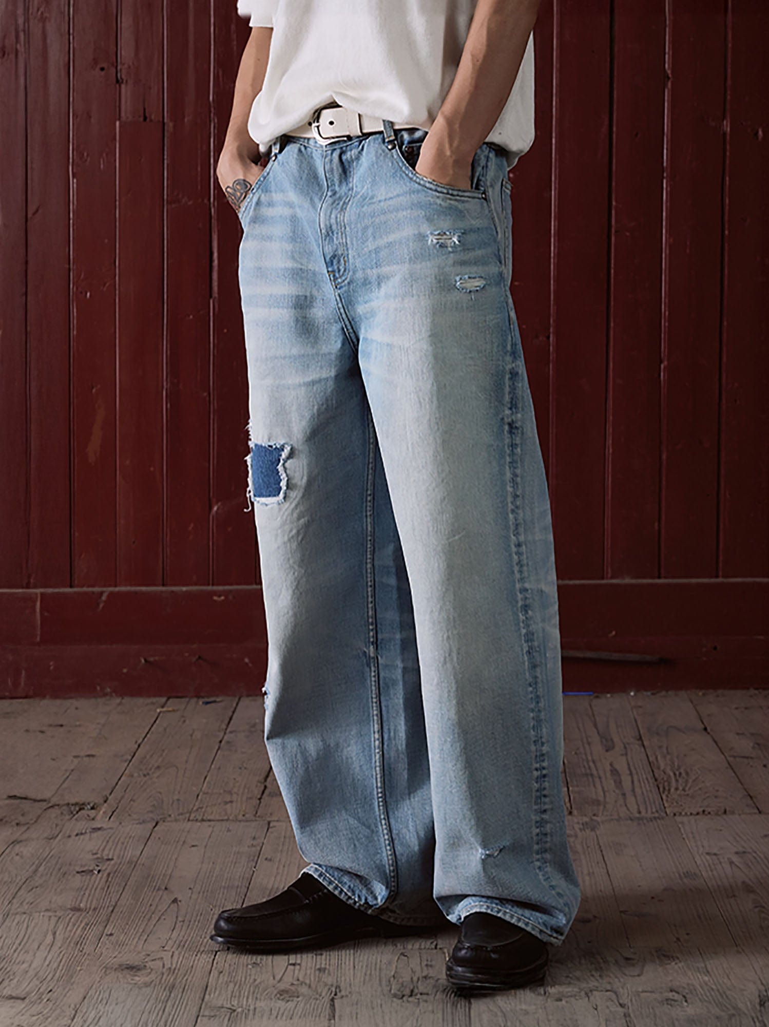 IN EXISTENCE Distressed Patchwork Creased Washed Wide-Leg Jeans