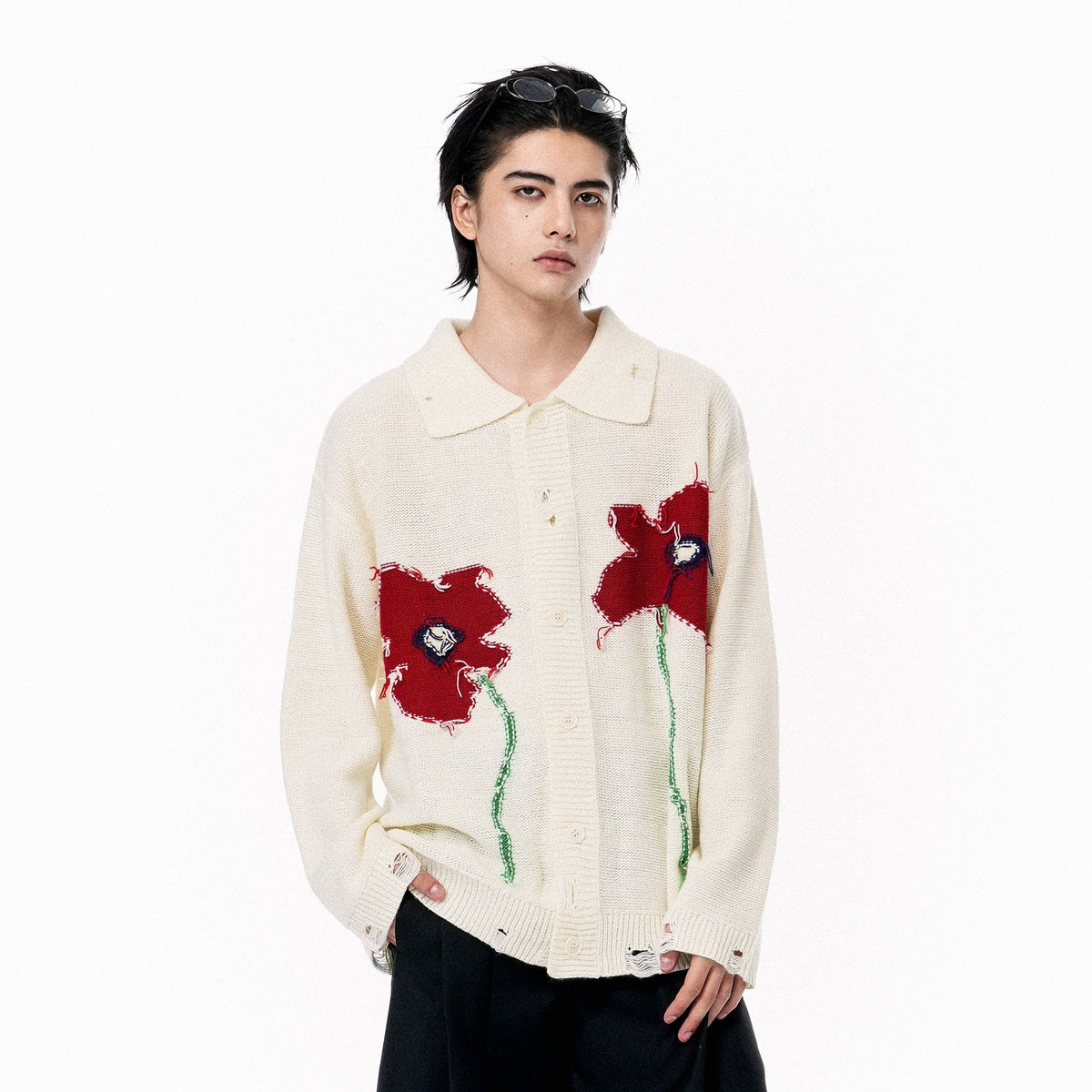 OIPWORD Spring Flower Distressed Cardigan