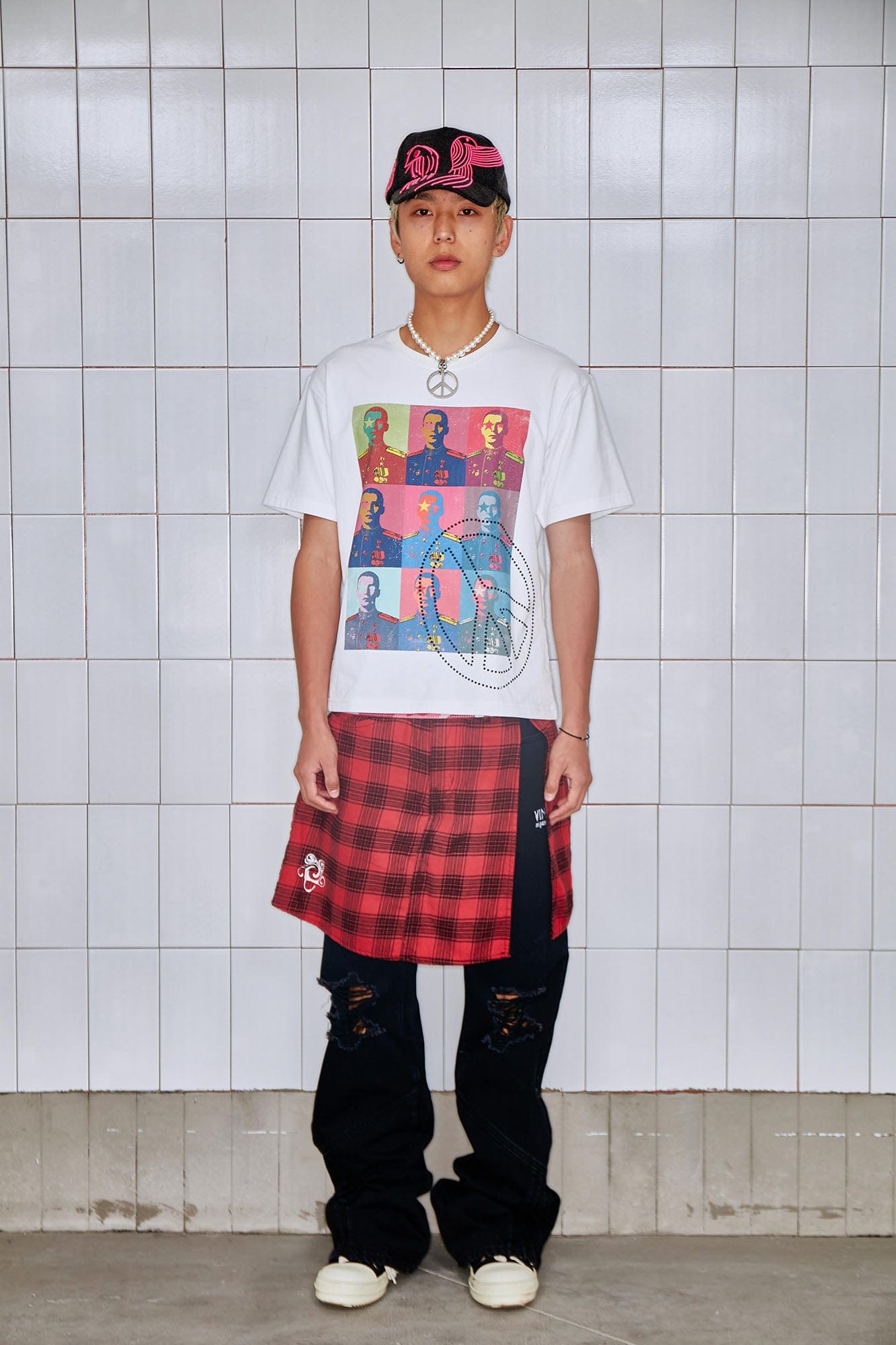 VINKID Plaid Skirt Overlay Ripped Jeans