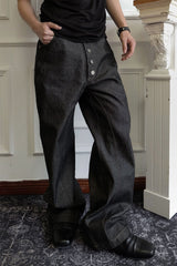 SSIN7 Spliced Button-Up Straight-Leg Raw Jeans
