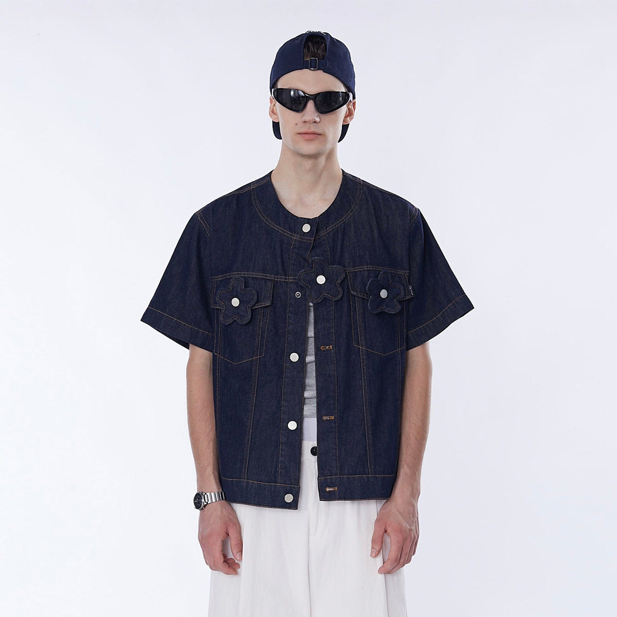 ASSEEN Flower Patchwork Stitched Raw Denim Half Shirt