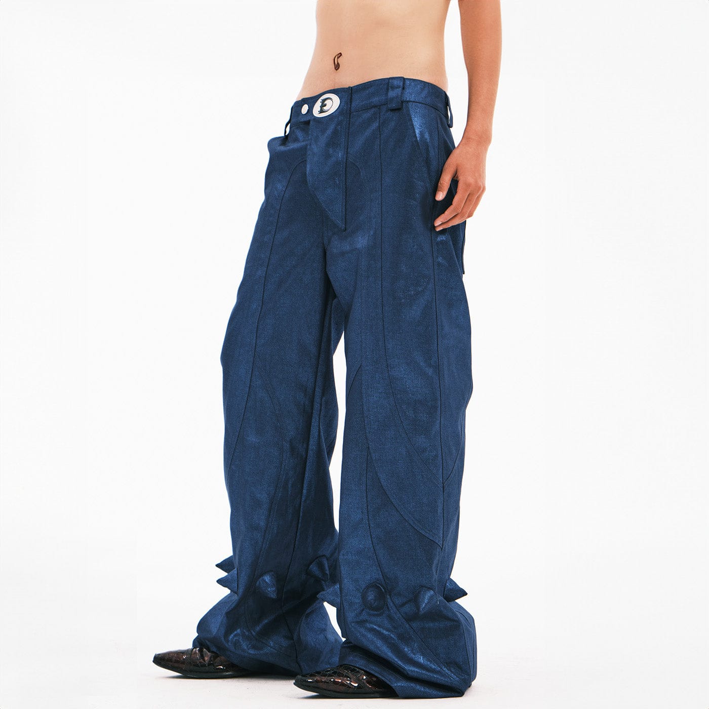 EMBRYO Metallic Devil Horned Wide-Leg Paneled Pants Blue