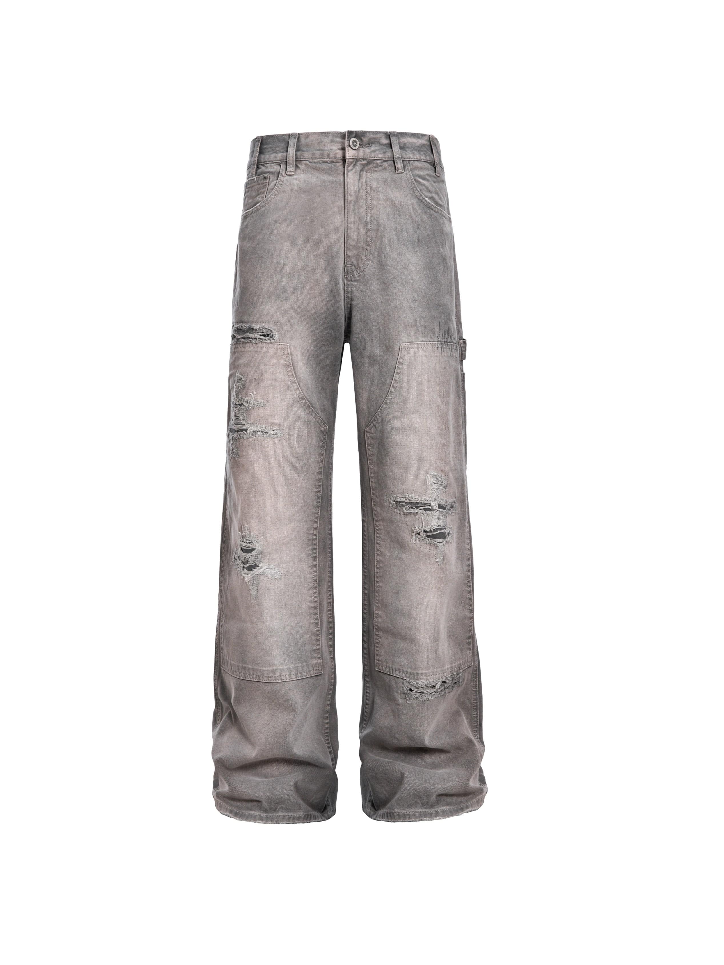 CATSSTAC Distressed Double-Knee Carpenter Straight-Leg Jeans Gray