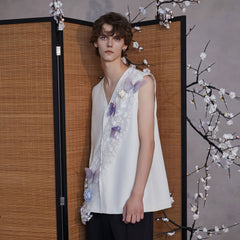 JIECHI Butterfly&Floral Asymmetrical Sheer V-Neck Vest