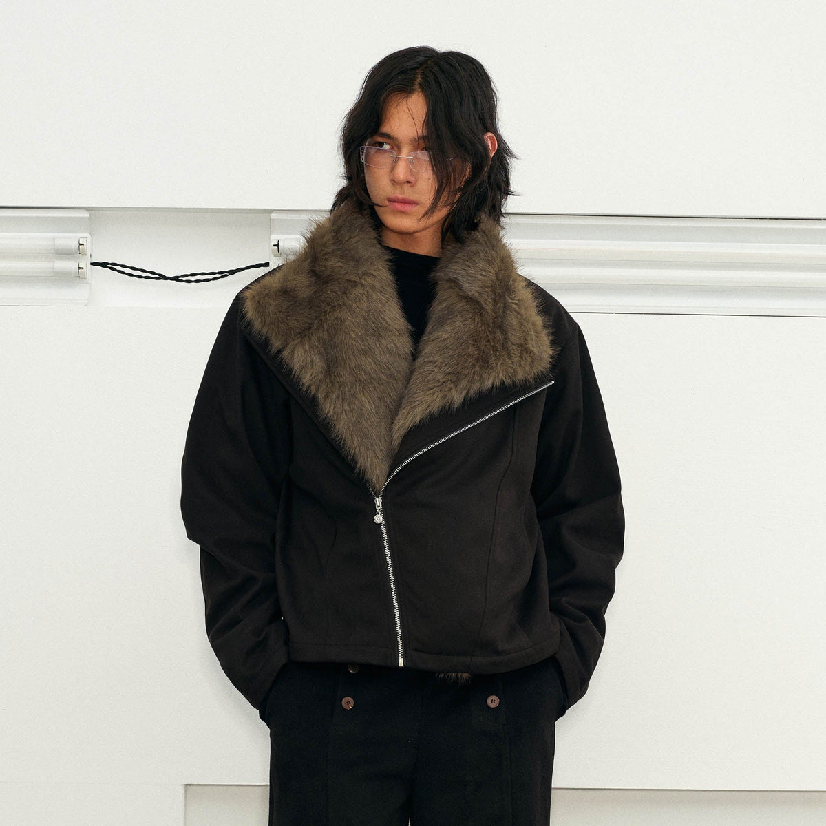 KREATE Detachable Faux Fur Collar Asymmetrical Jacket