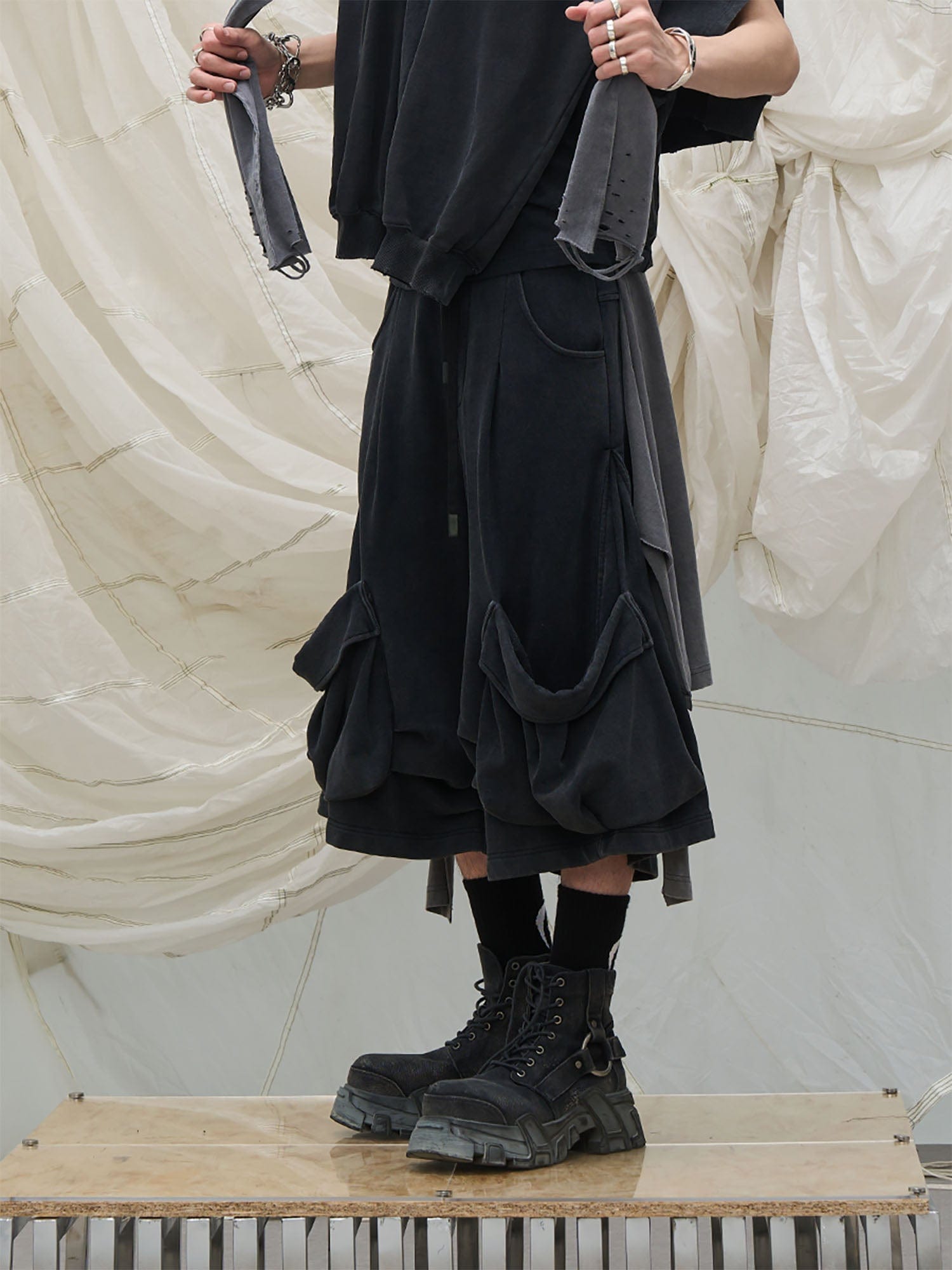 RELABEL Detachable Drape Multi-Pocket Drawstring Shorts