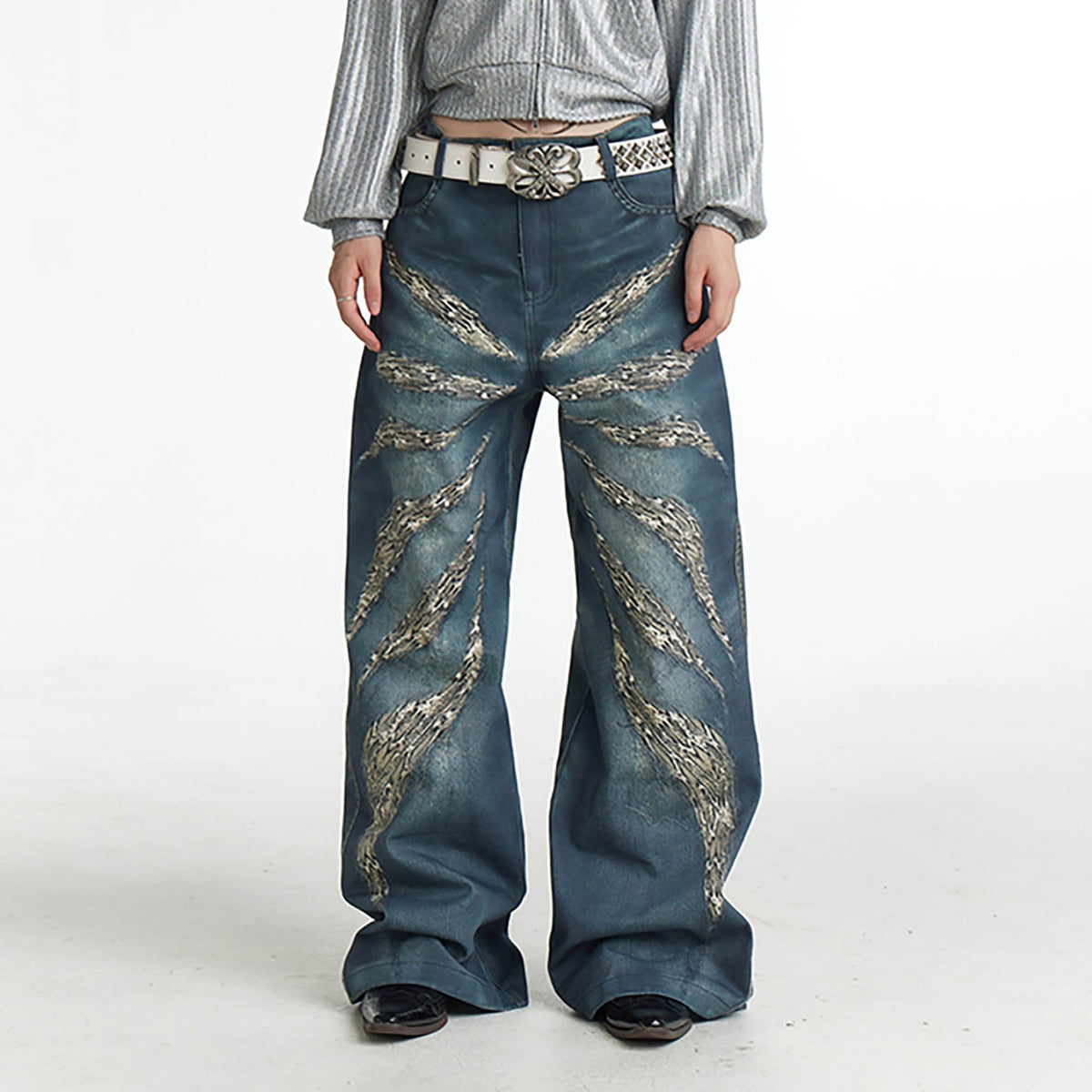 DND4DES×Faychui Leopard Wings Embroidered Wide-Leg Jeans