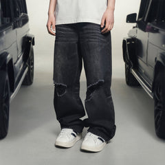 MAKEMORE Retro Washed Ripped Straight-Leg Jeans