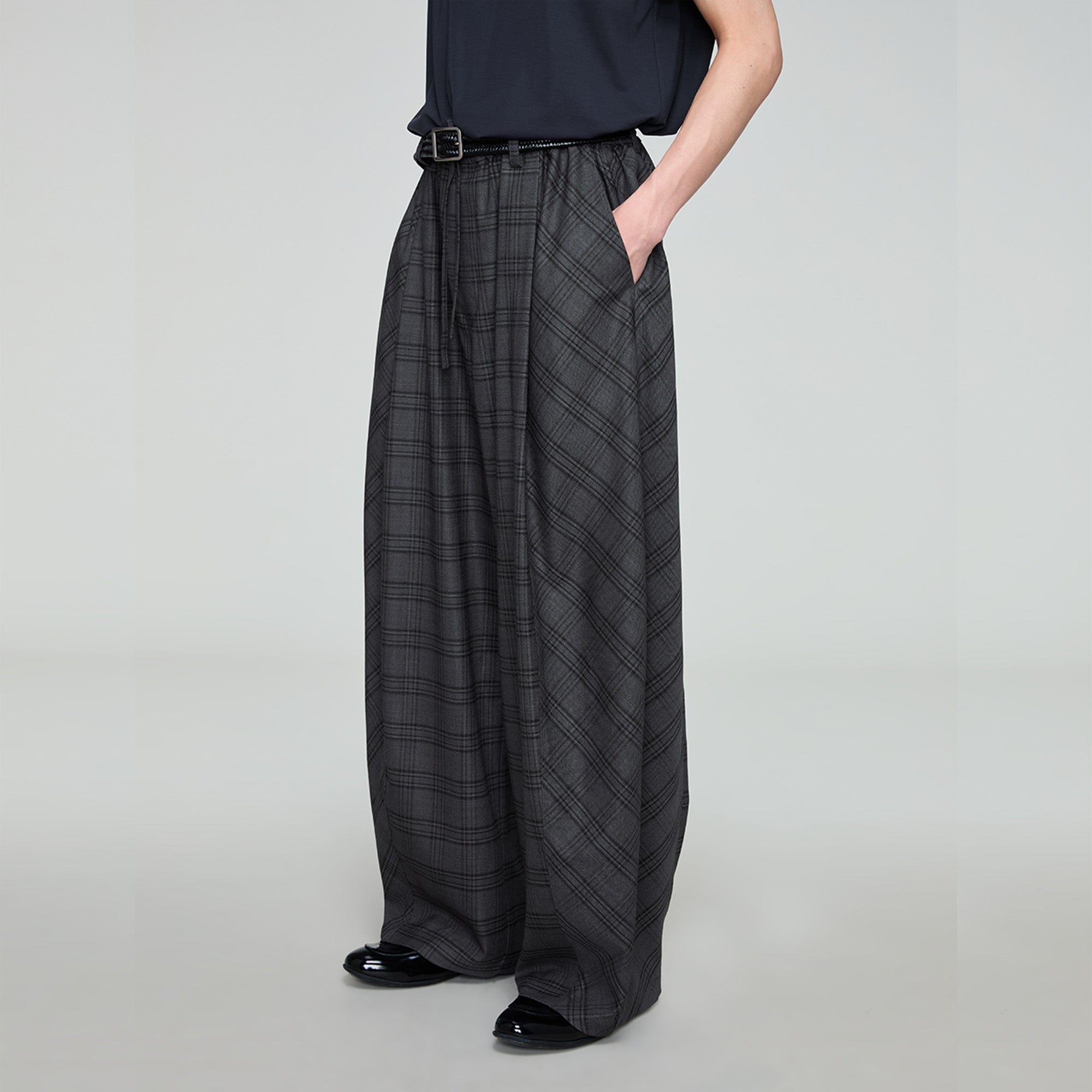 OPICLOTH Retro Paneled Plaid Drawstring Oversized Pants