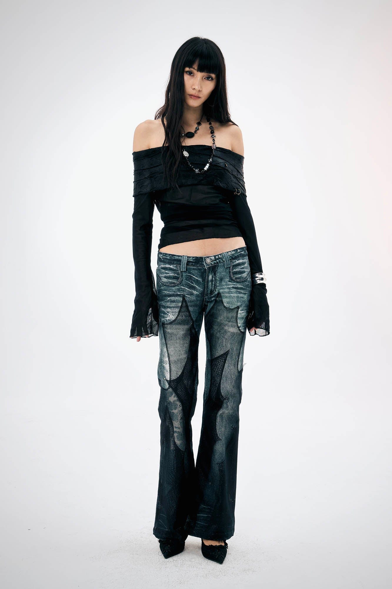 DND4DES×Faychui Mesh-Panelled Washed Flared Jeans