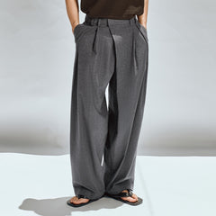OPICLOTH Asymmetric Pleated Linen-Blend Micro Check Pants