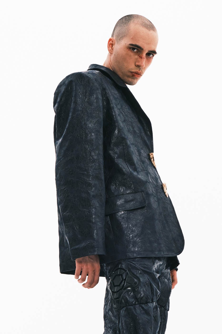 EMBRYO Crinkled Textured Faux Leather Blazer