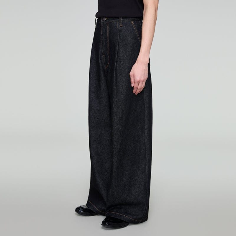 OPICLOTH Retro Washed Pleated Wide-Leg Jeans