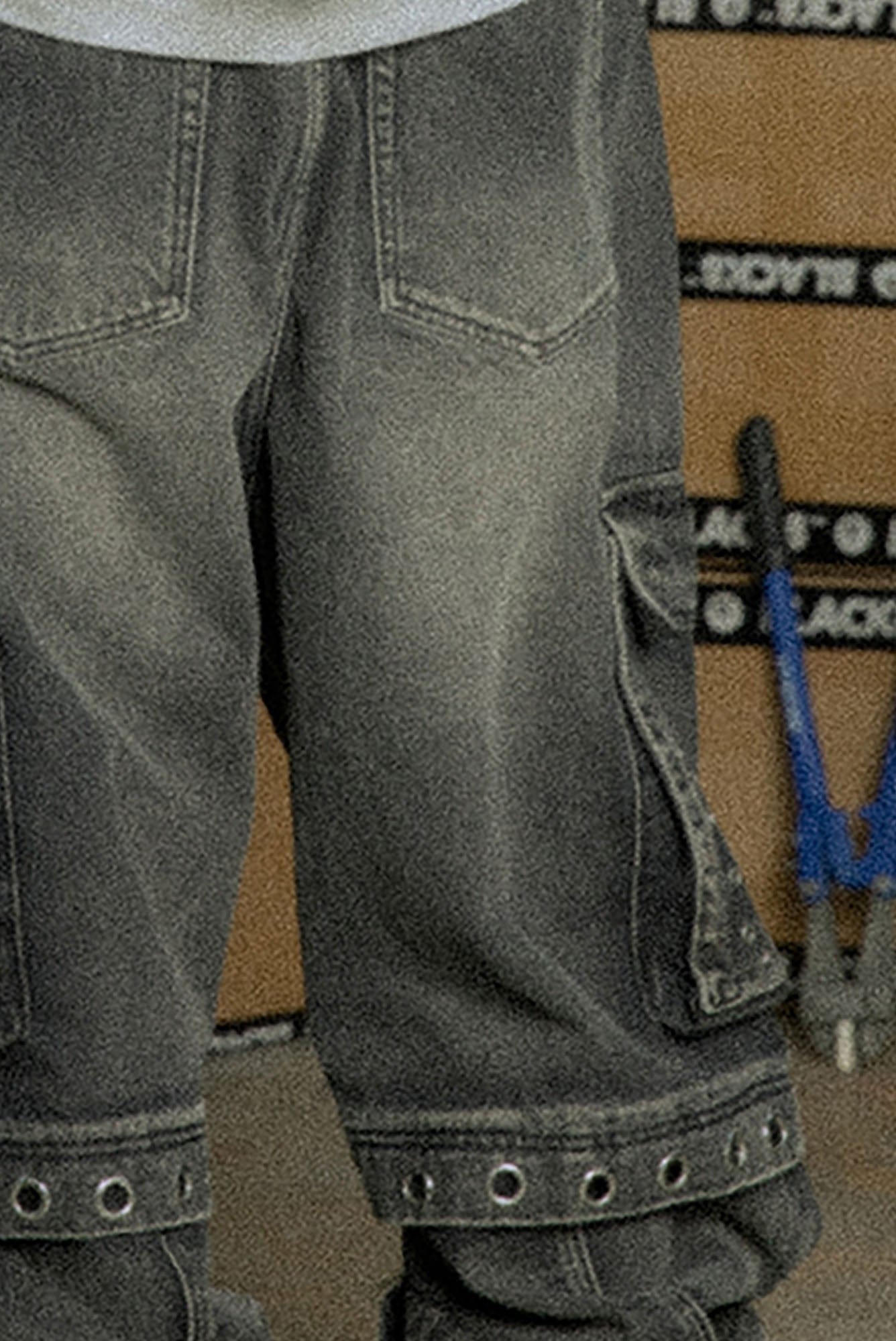 BLACK8MOB Washed Multi-Pocket Grommet Stacked Cargo Jeans