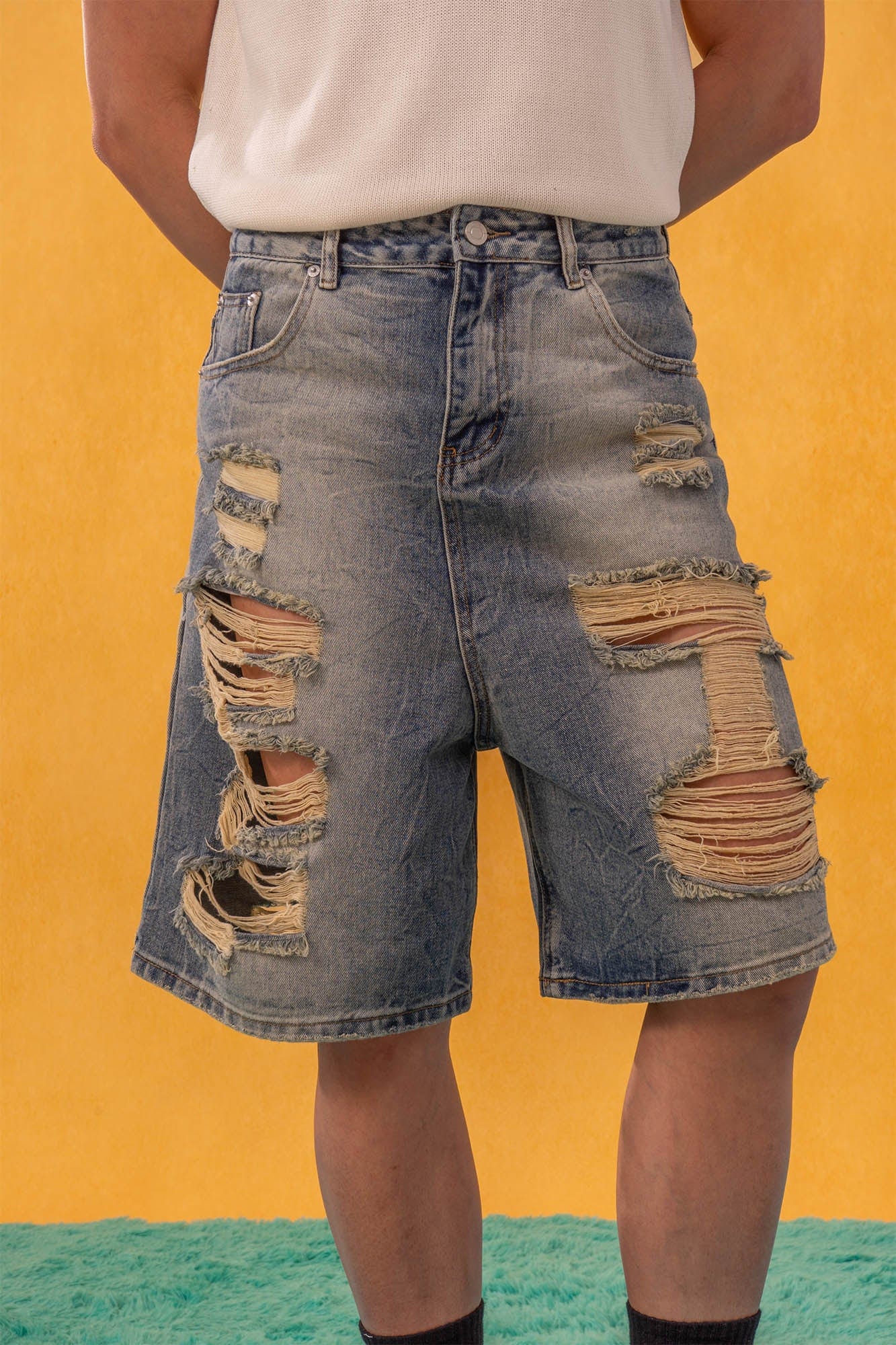 CLP Destroyed Frayed Washed Denim Shorts