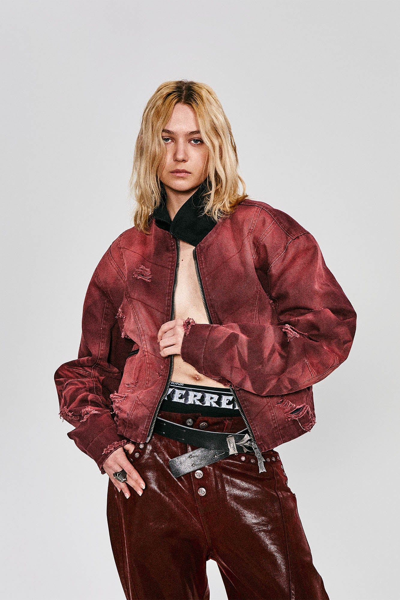 FLYERRER Distressed Curved Spliced Jacket Burgundy