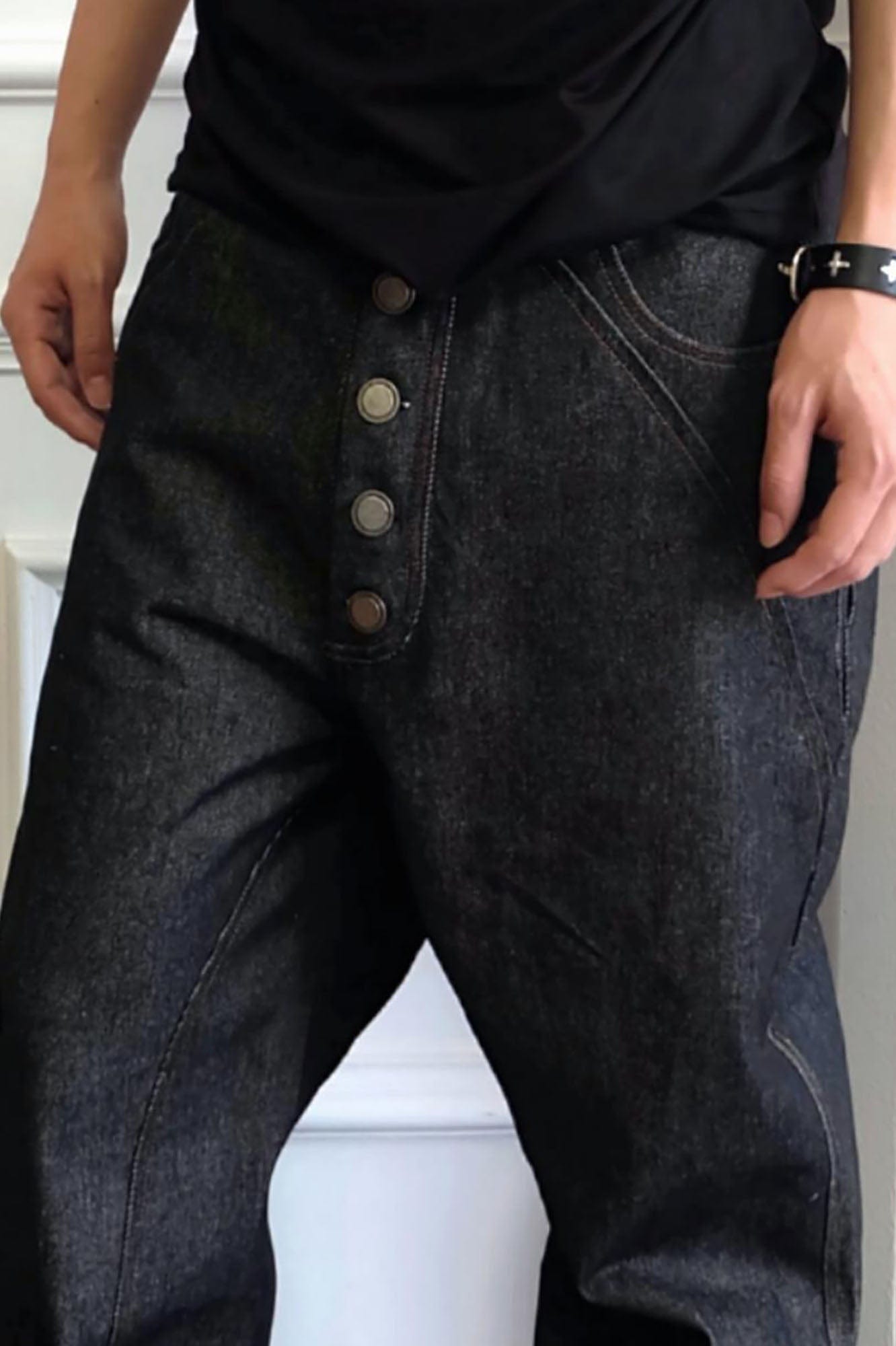 SSIN7 Spliced Button-Up Straight-Leg Raw Jeans