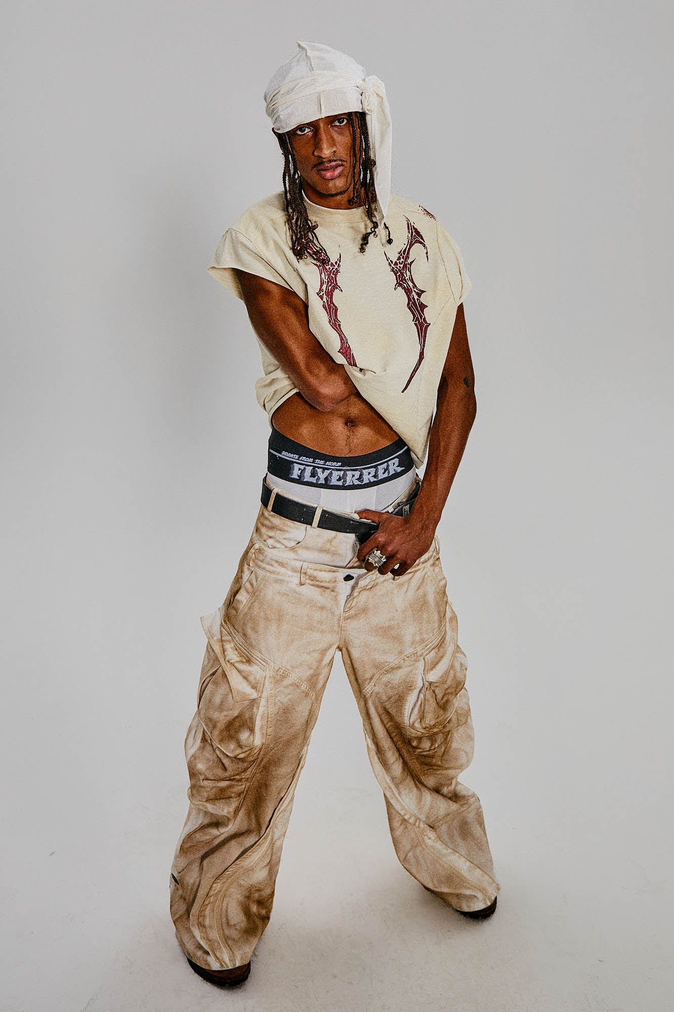 FLYERRER Rusted Double-Waist Multi-Pocket Curved-Leg Cargo