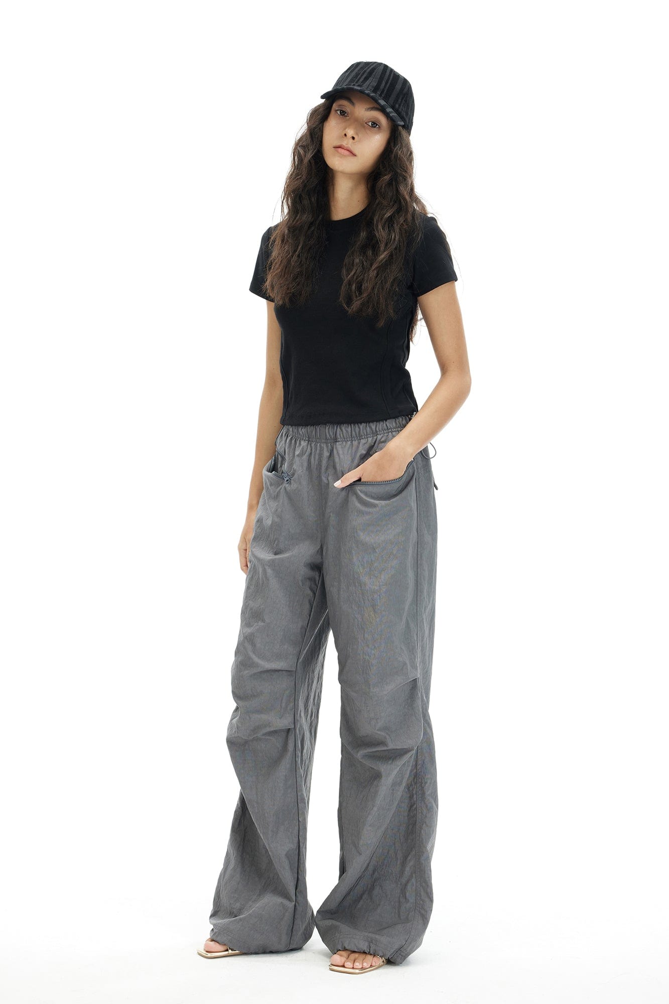 ARTIFICIAL WORLD Drawstring Zipper Pocket Parachute Pants