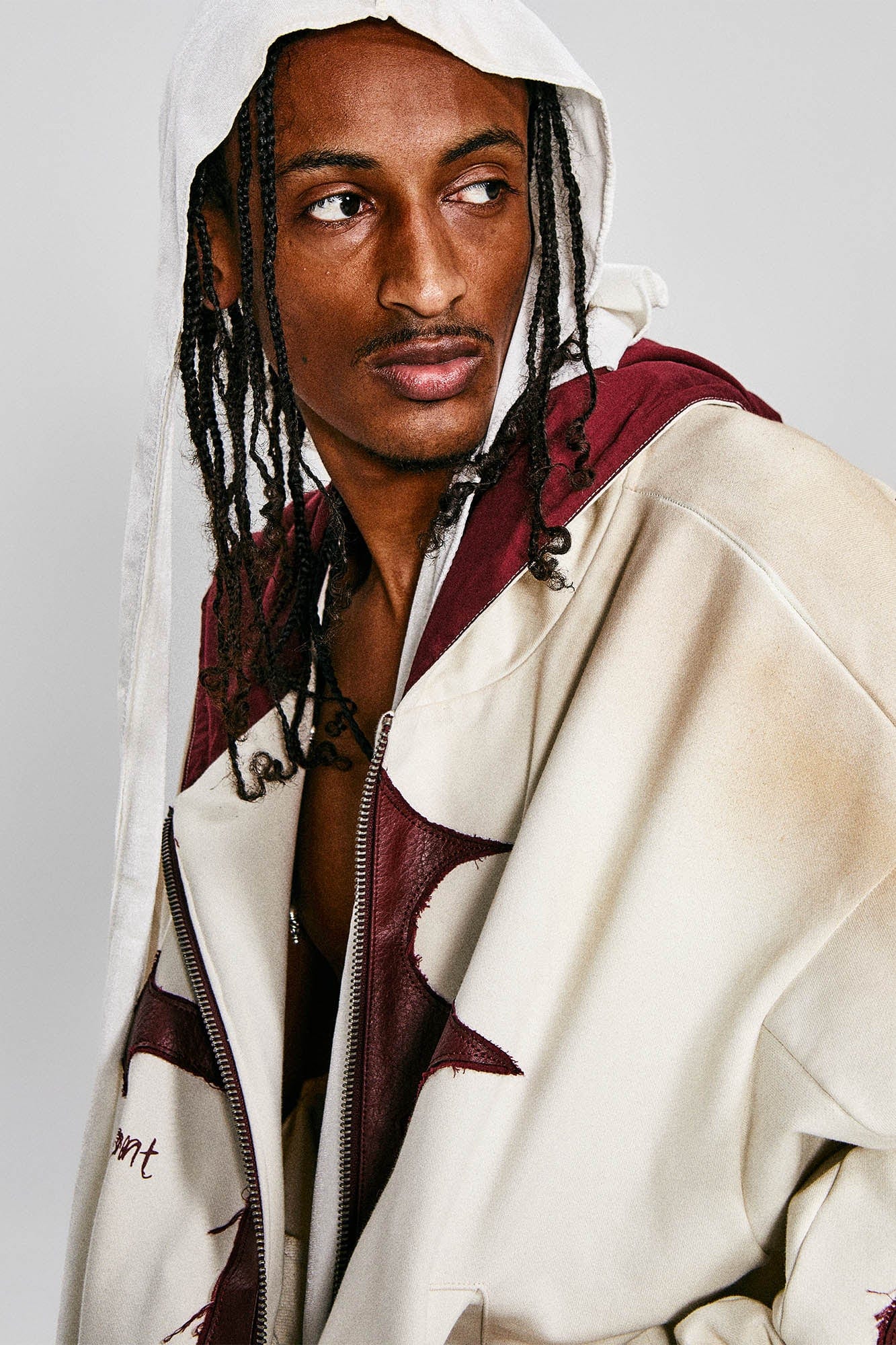 FLYERRER Distressed Cross Patch Studded Hooded Jacket