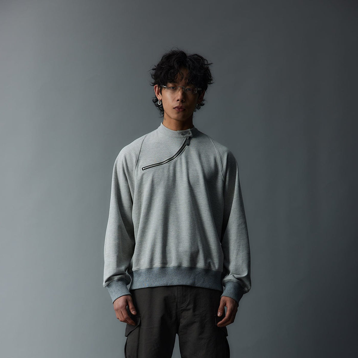 WHISTLEHUNTER Asymmetrical Zipper Rivet Mock Neck Light Sweatshirt