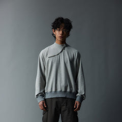WHISTLEHUNTER Asymmetrical Zipper Rivet Mock Neck Light Sweatshirt