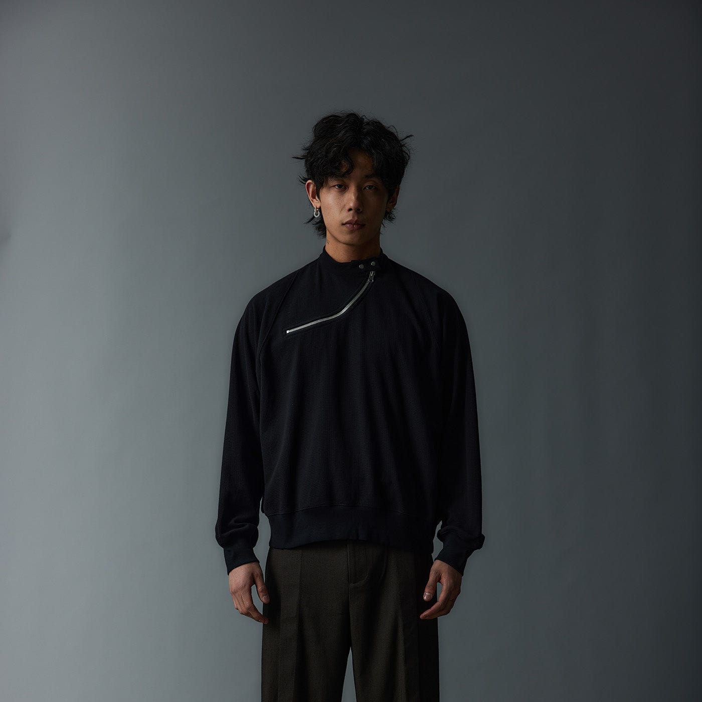 WHISTLEHUNTER Asymmetrical Zipper Rivet Mock Neck Light Sweatshirt
