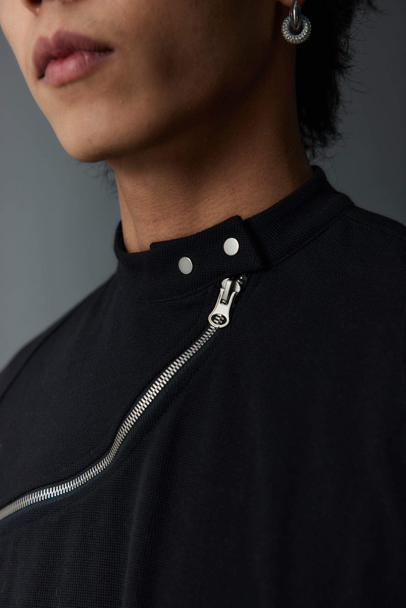 WHISTLEHUNTER Asymmetrical Zipper Rivet Mock Neck Light Sweatshirt
