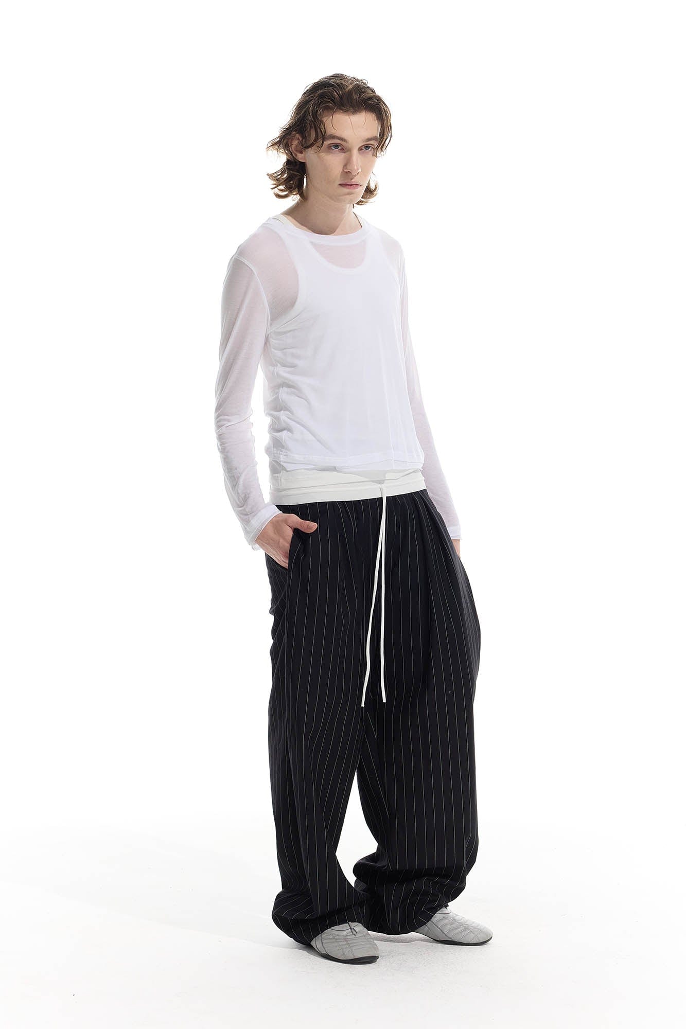 WHISTLEHUNTER Pinstriped Pleated Drawstring Wide-Leg Pants