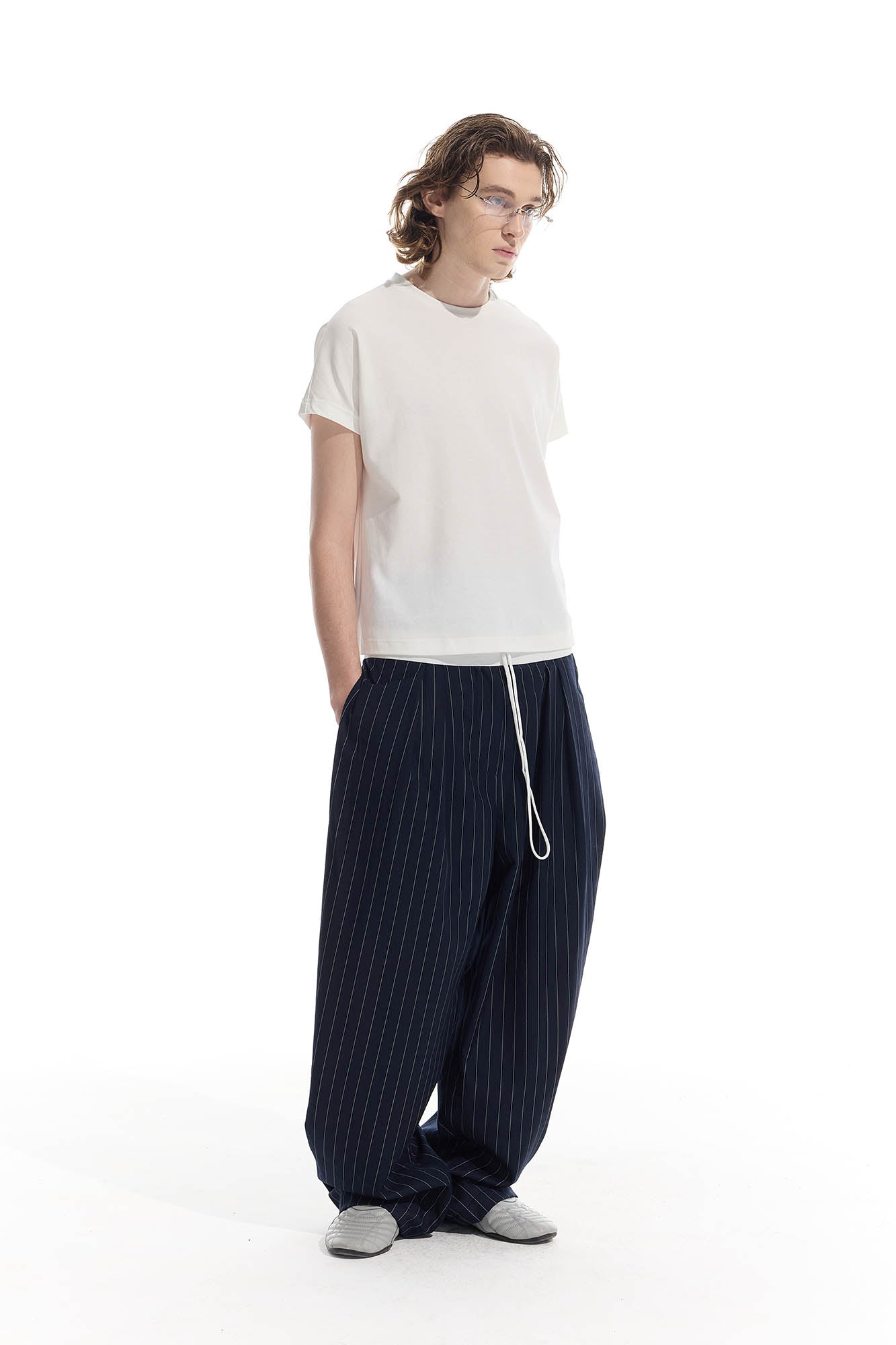 WHISTLEHUNTER Pinstriped Pleated Drawstring Wide-Leg Pants