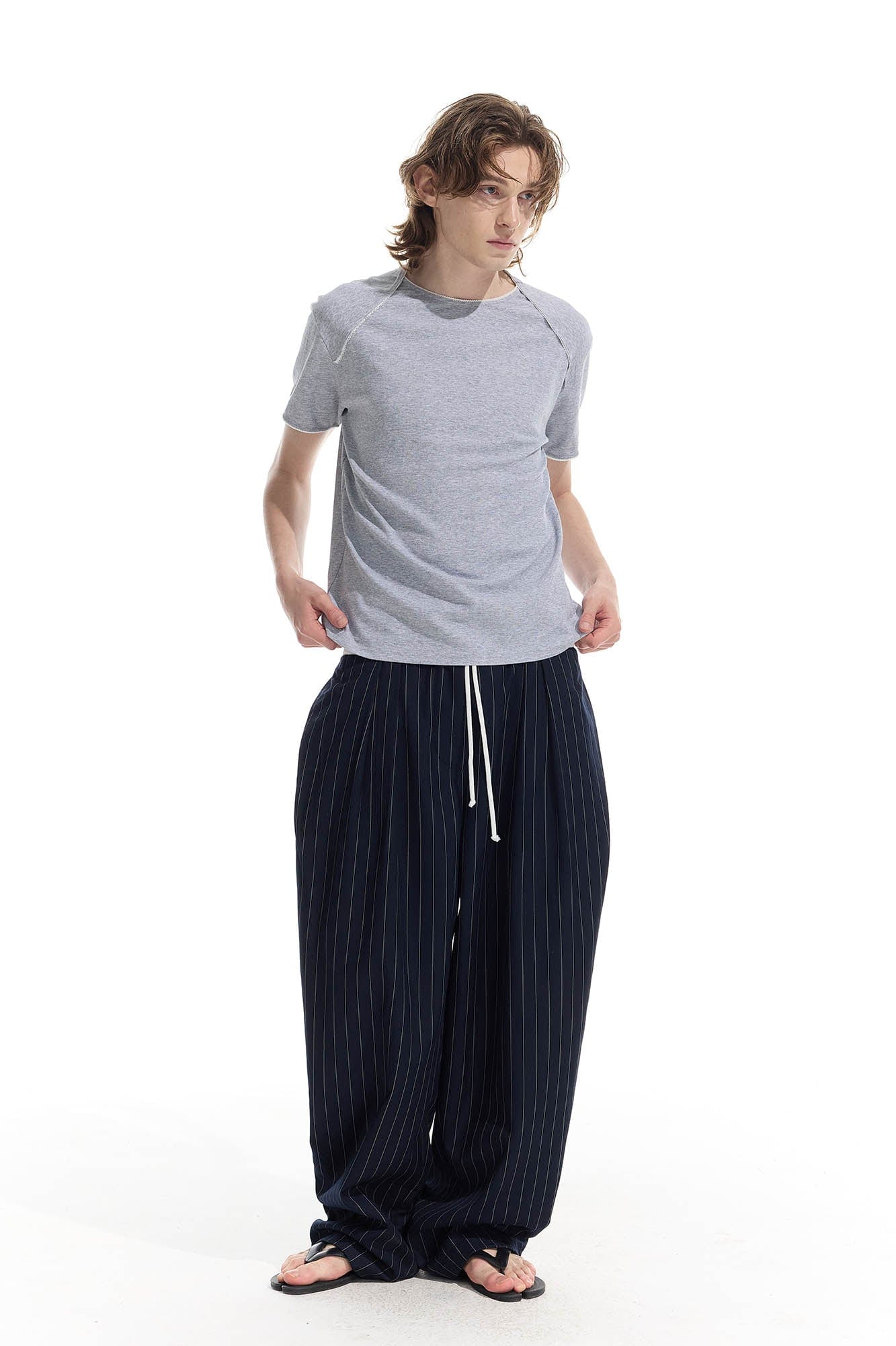 WHISTLEHUNTER Pinstriped Pleated Drawstring Wide-Leg Pants
