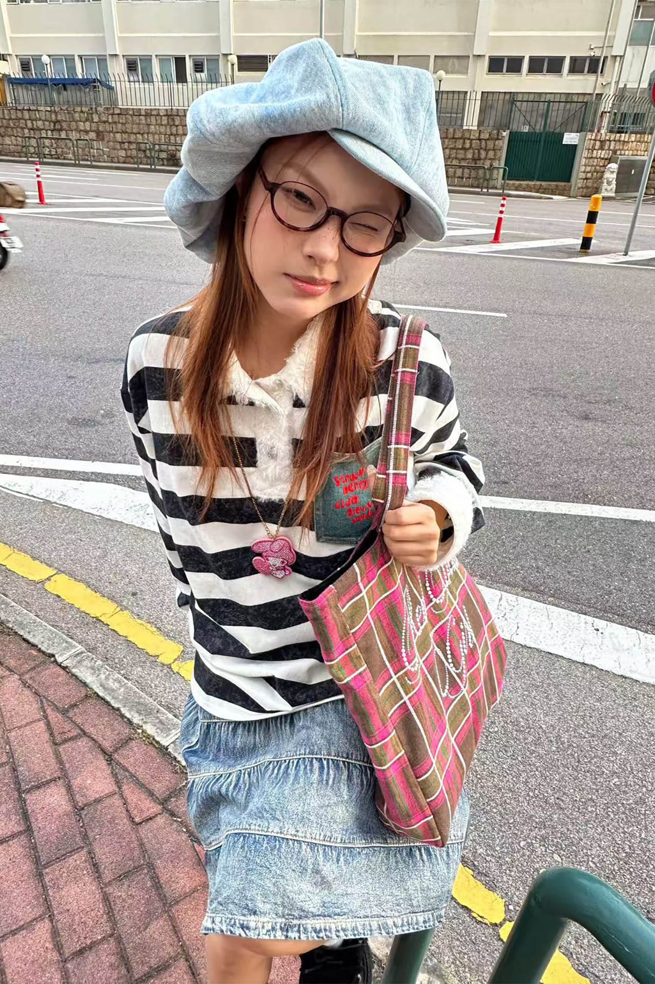TWINBUTA Washed Embroidered Denim Newsboy Cap