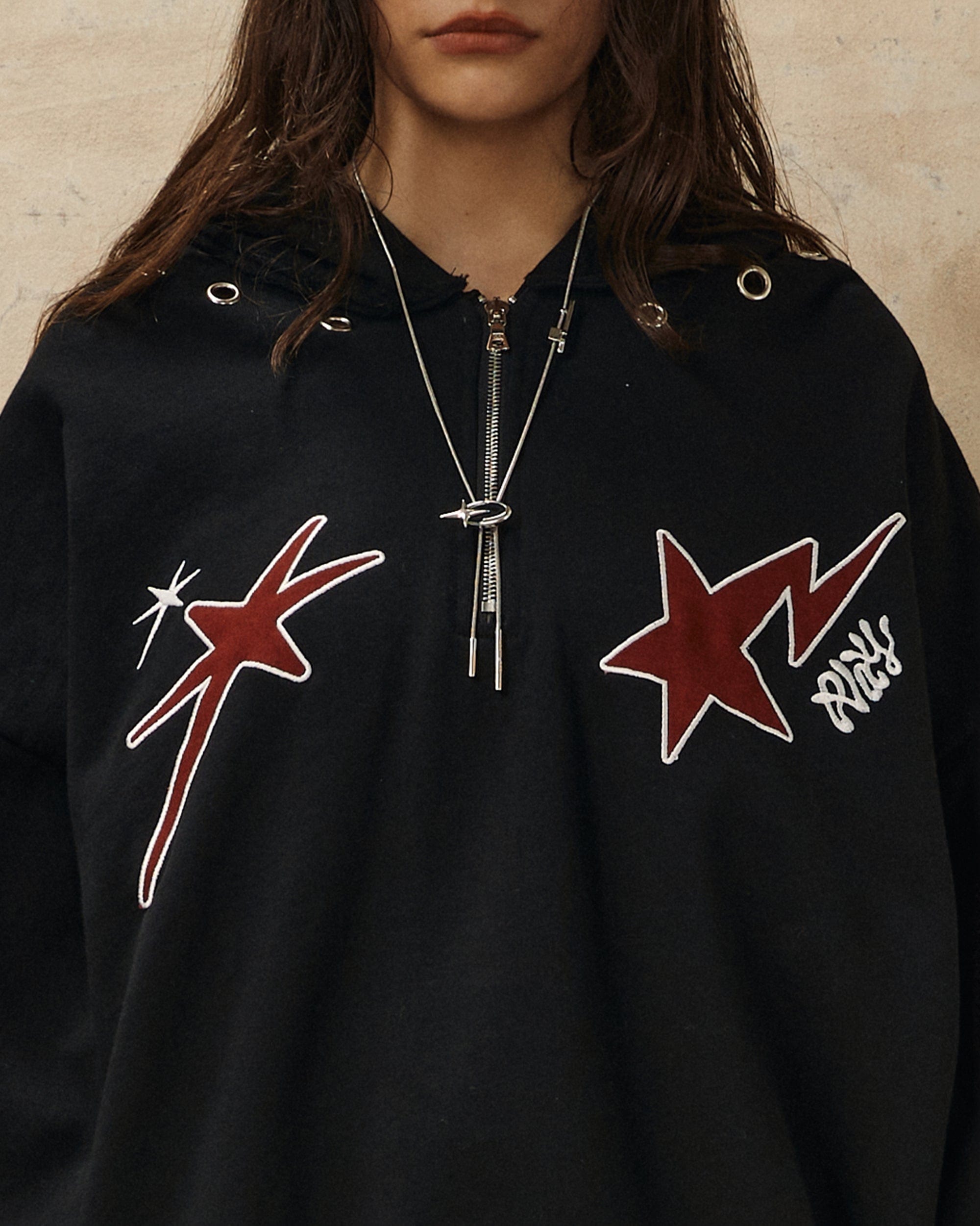 OVDY Star Embroidery Punk Zip-Up Hoodie