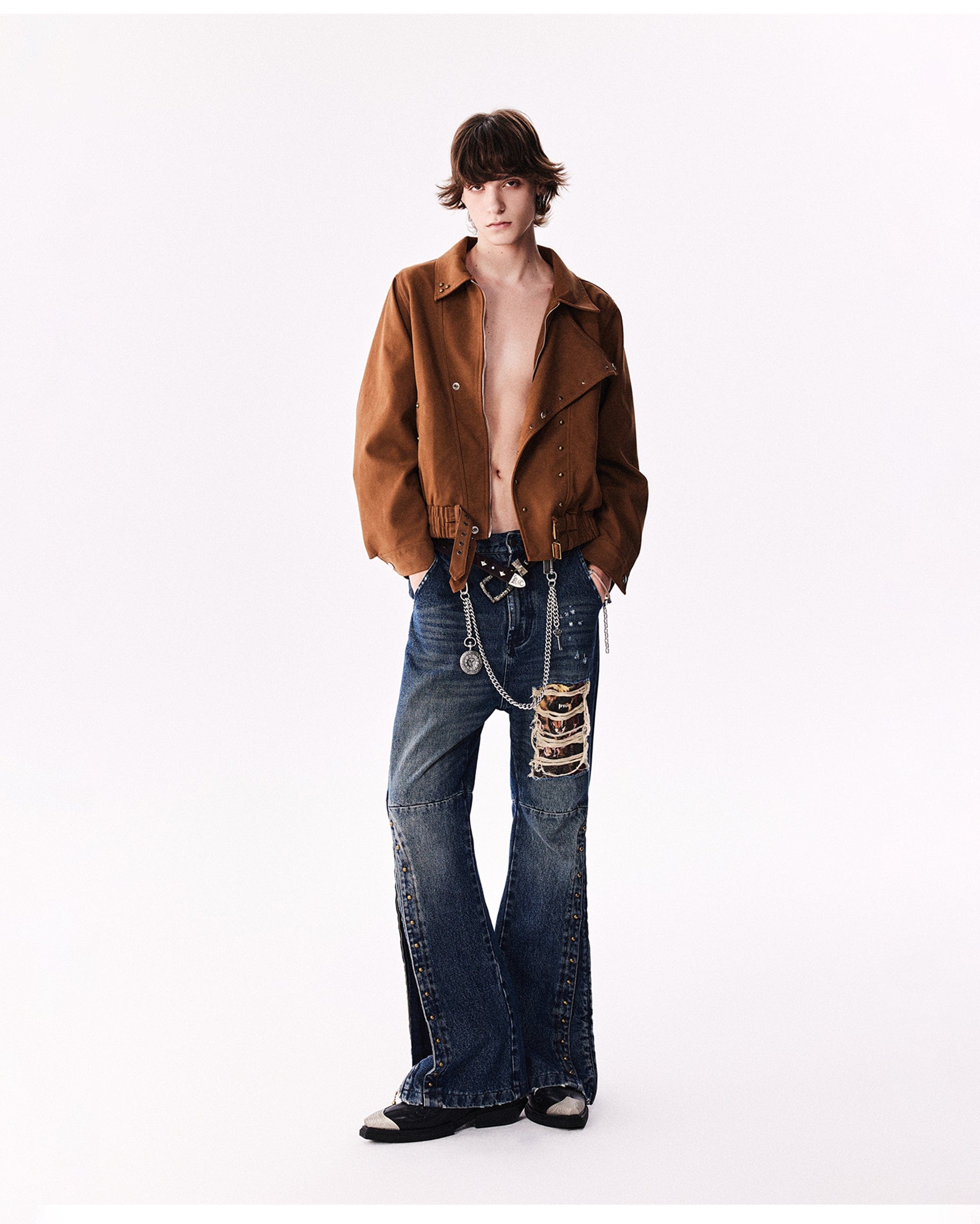 RICHILL Faux Suede Asymmetrical Zipper Rivet Jacket