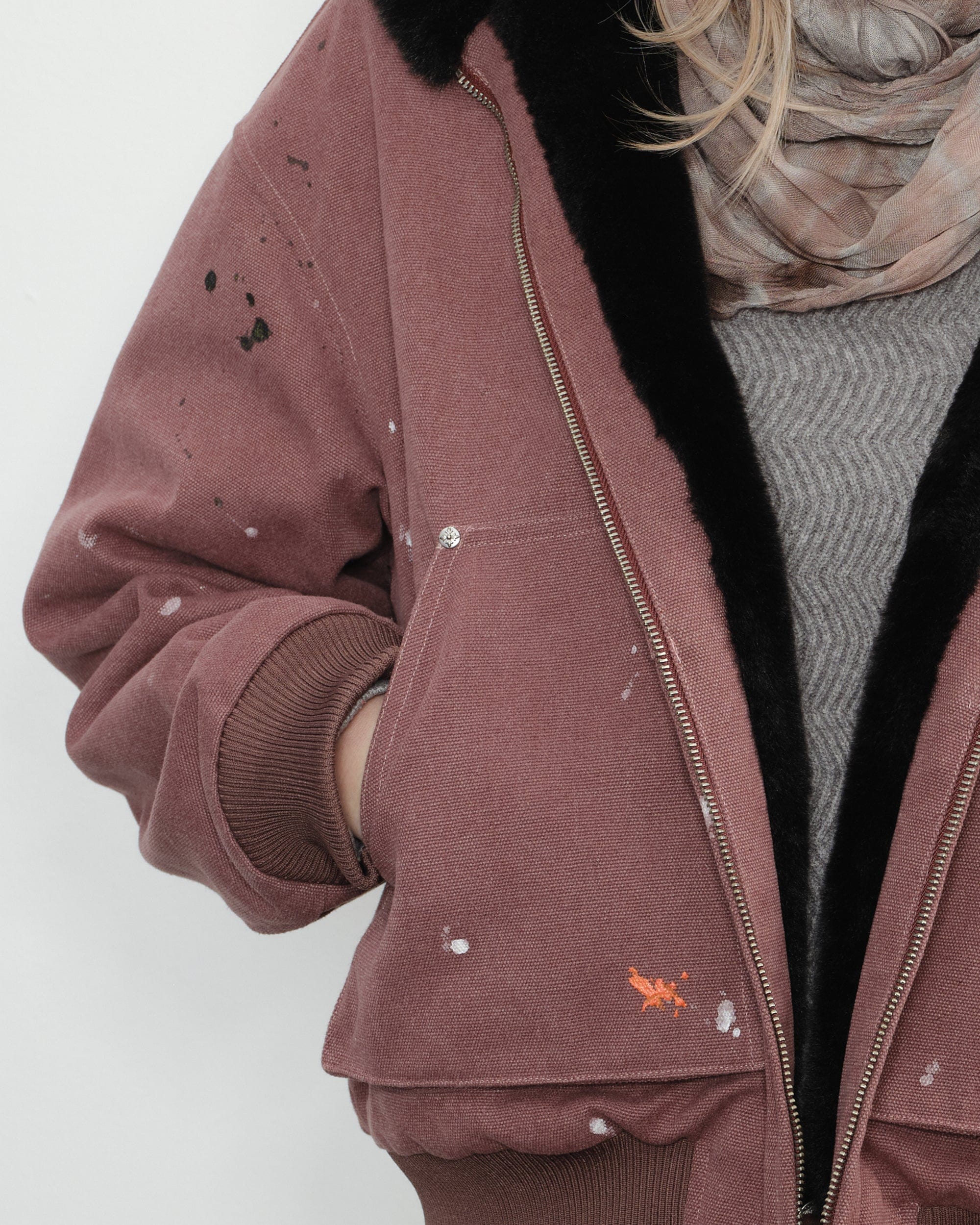 KREATE Rivet Zipper Paint-splattered Fleece-Lined Hooded Jacket