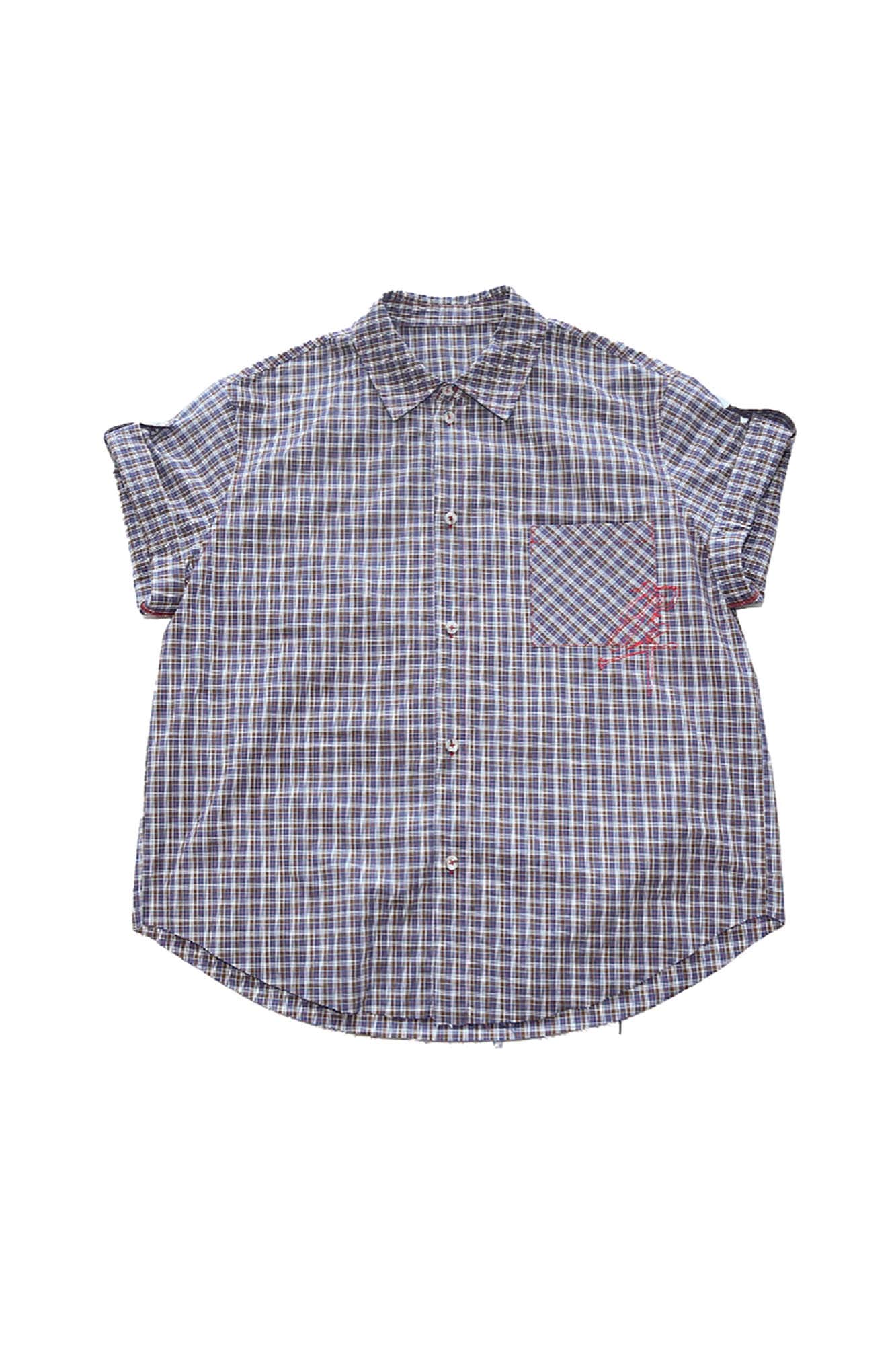 TRECLUB Retro Plaid Embroidered Rolled-Sleeve Half Shirt