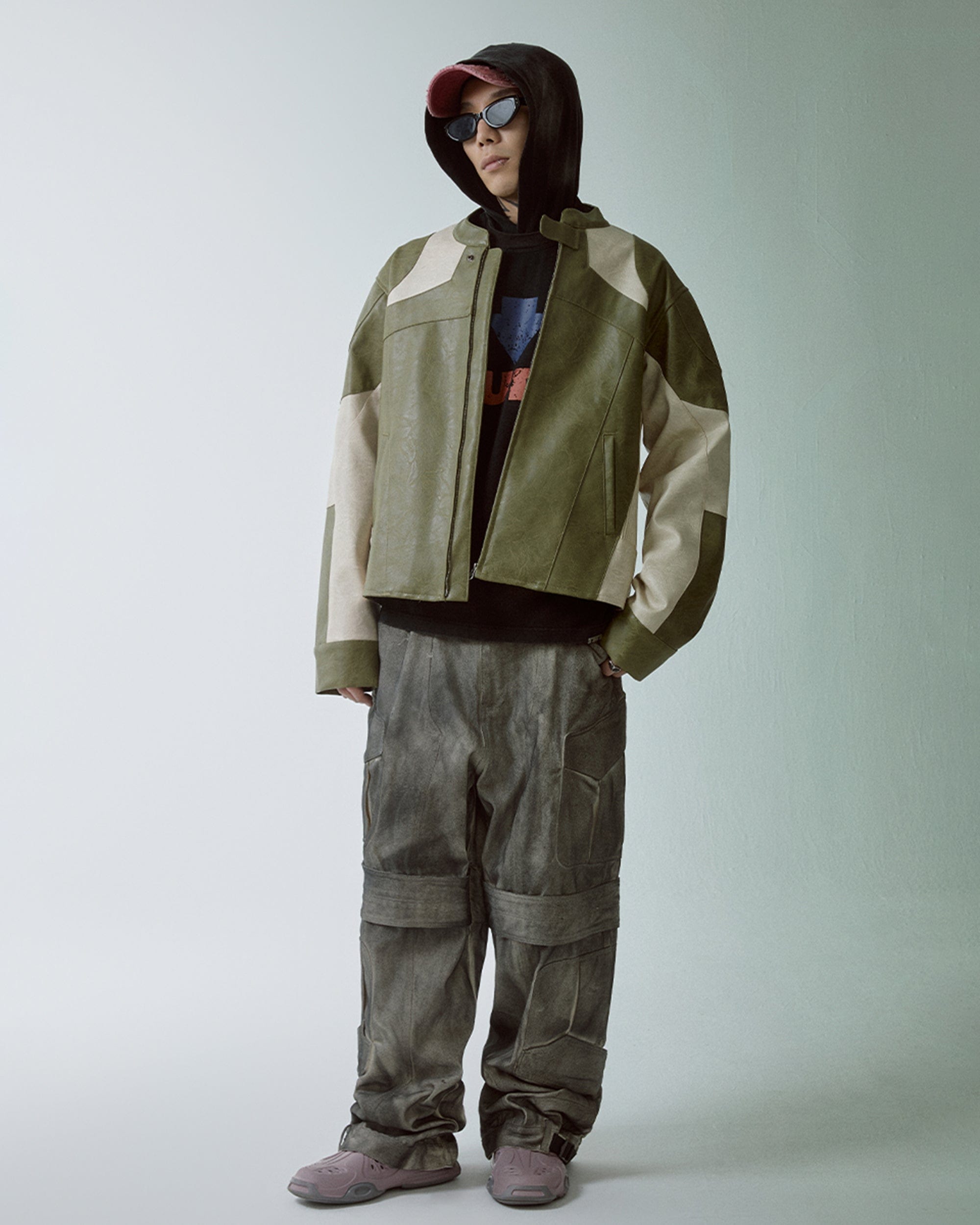 F2CE Modern Deconstructed Faux Leather Biker Jacket