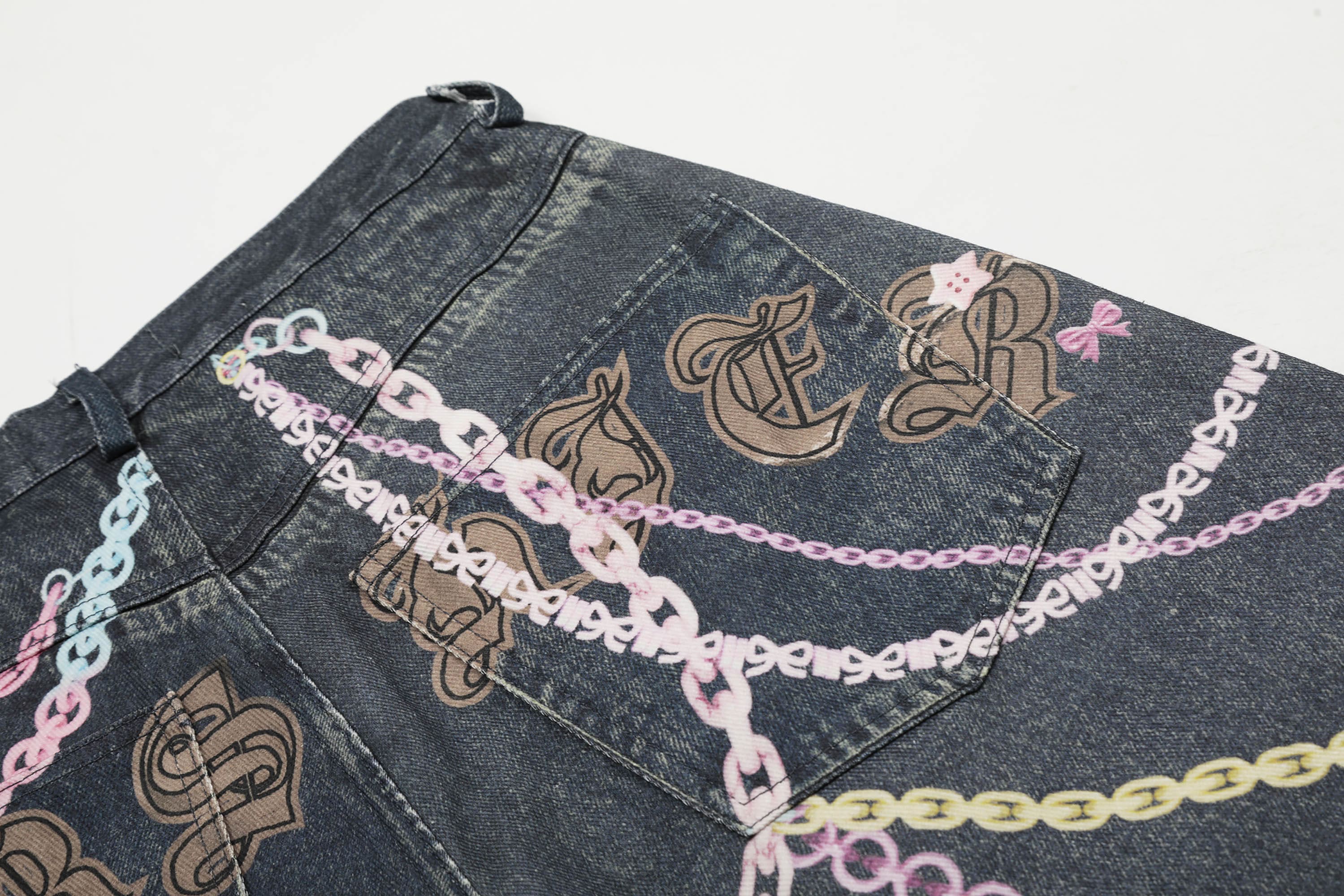 CLP Beaded Chain Graphics Wide-Leg Denim Shorts