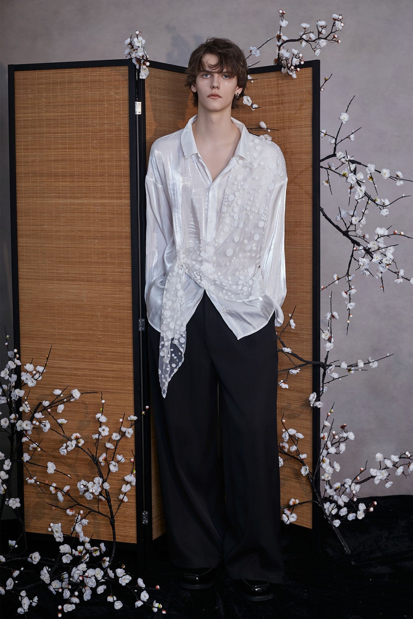 JIECHI Dots Tulle Drape Iridescent Shirt